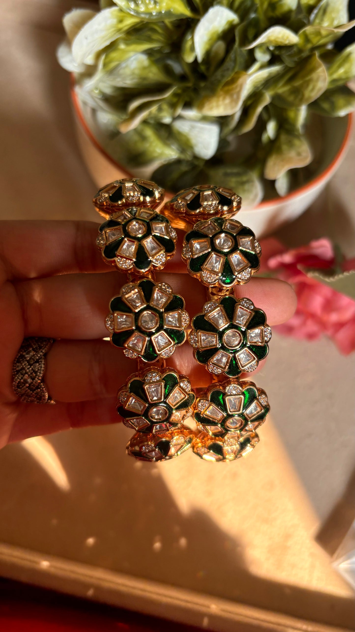 Emerald meenakari moissanite polki bangles