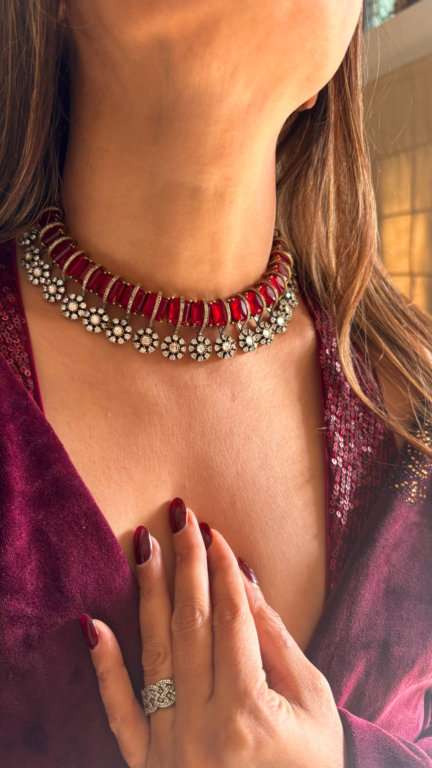 Ruby floral moissanite and doublet diamond collar necklace