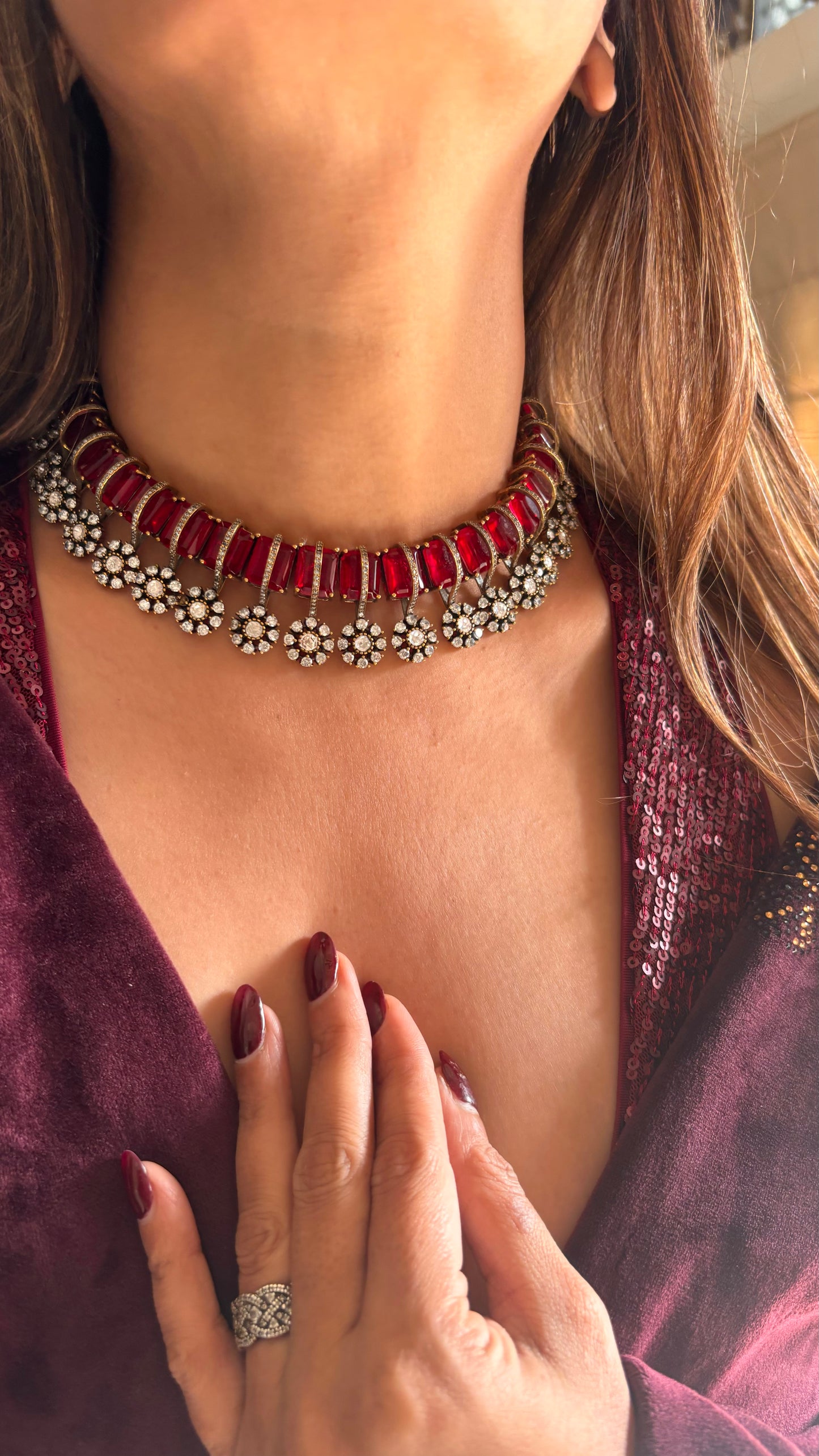 Ruby floral moissanite and doublet diamond collar necklace