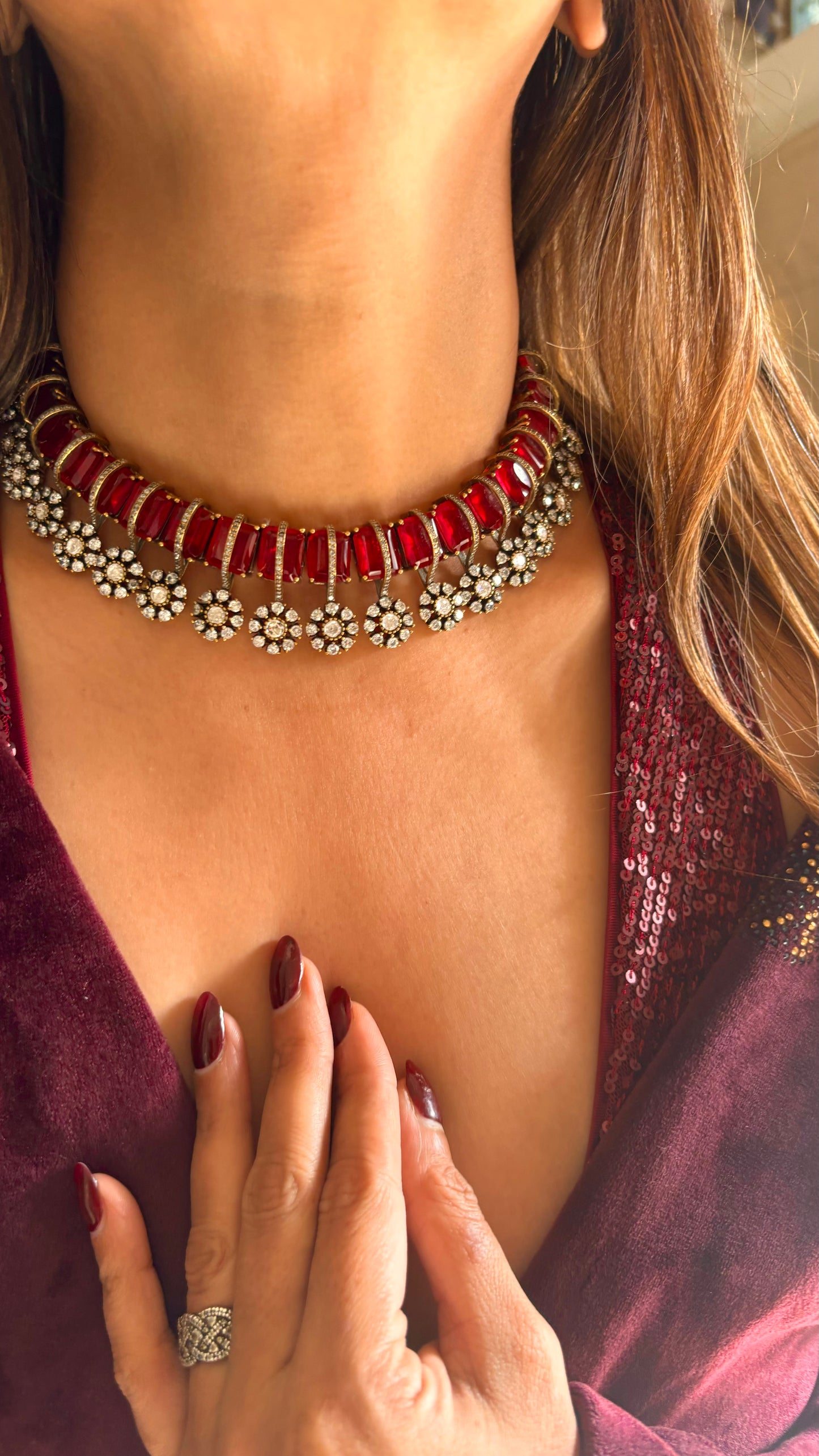 Ruby floral moissanite and doublet diamond collar necklace