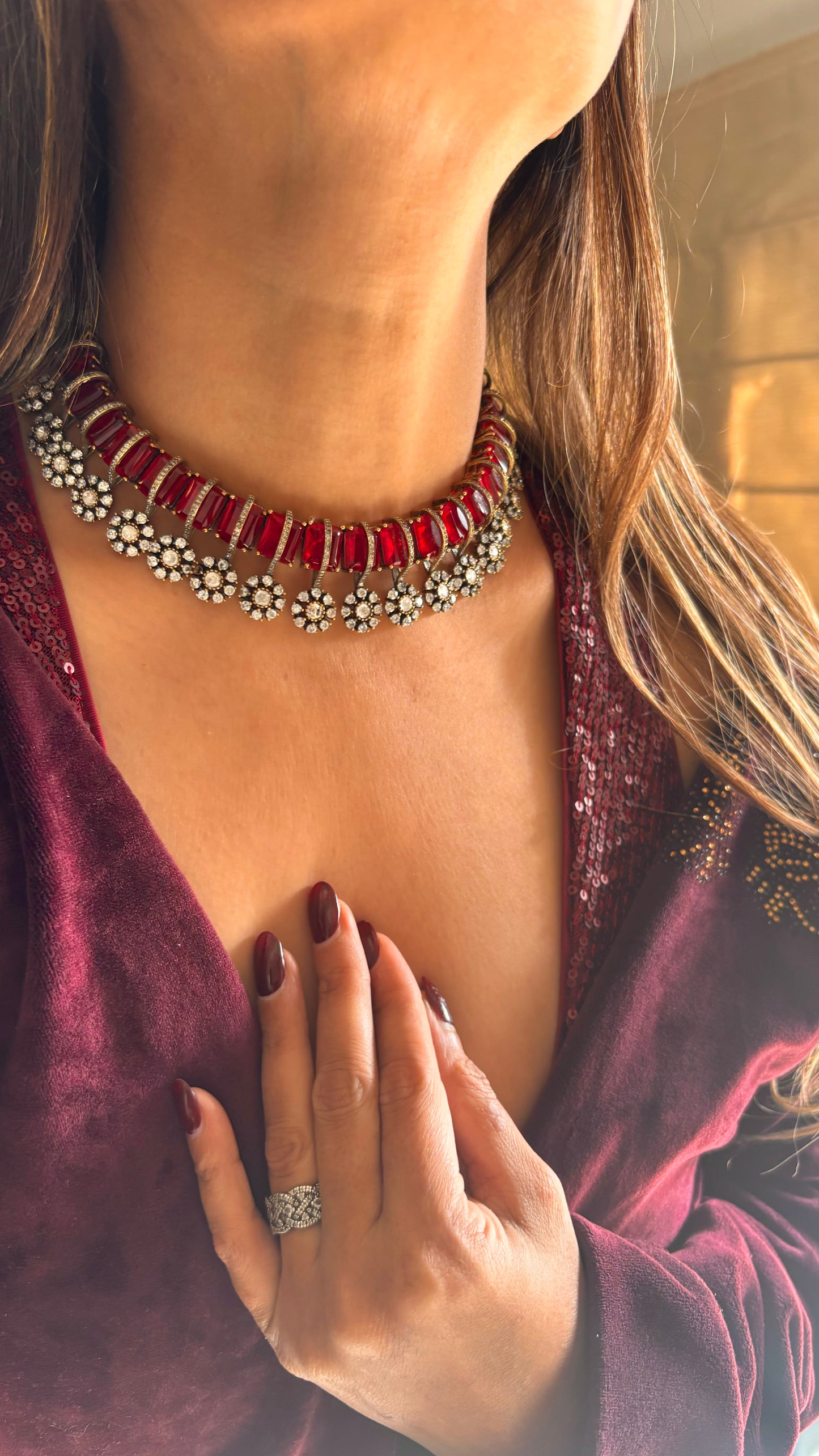 Ruby floral moissanite and doublet diamond collar necklace