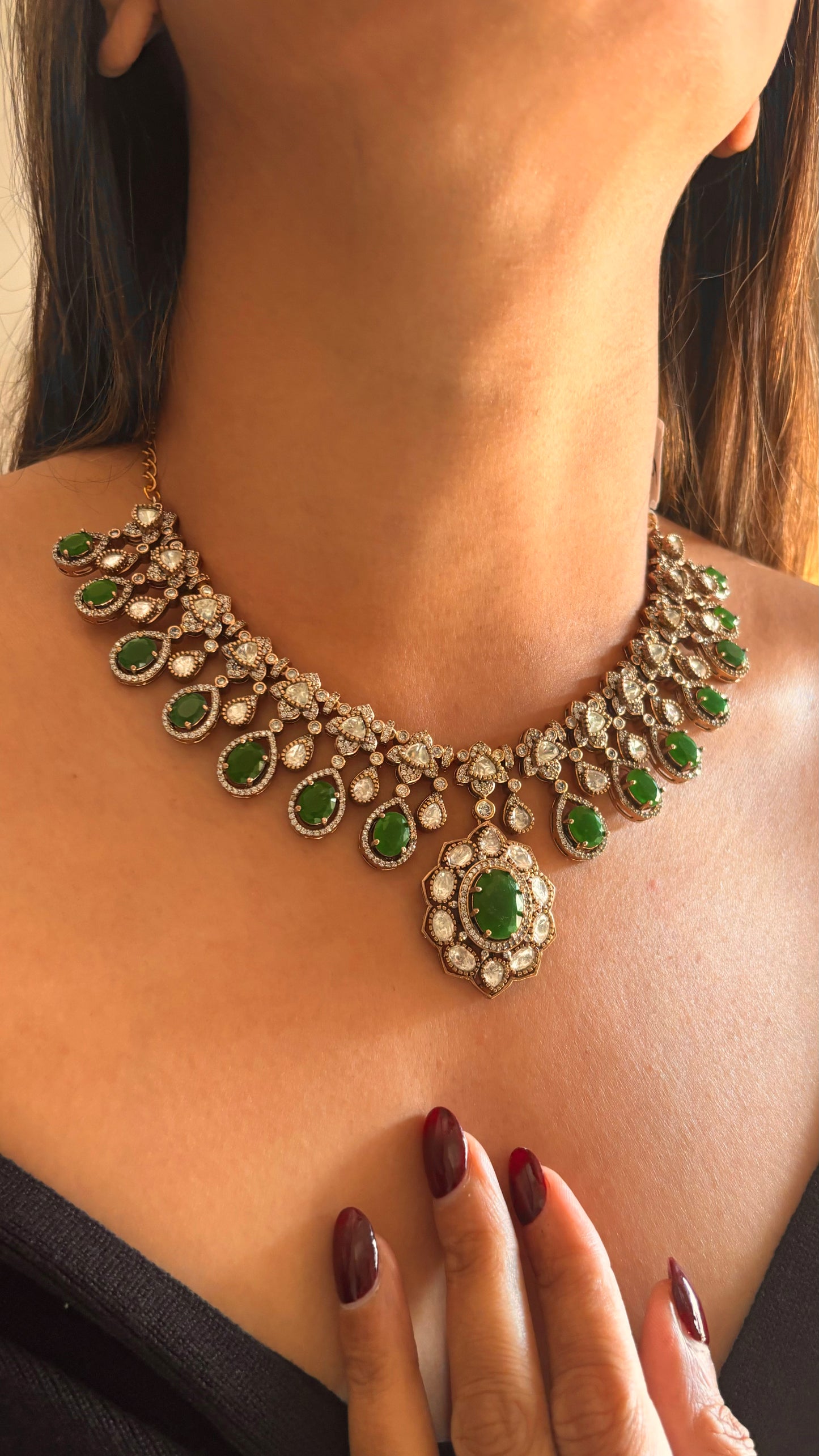 Emerald moissanite polki victorian designer collar necklace set
