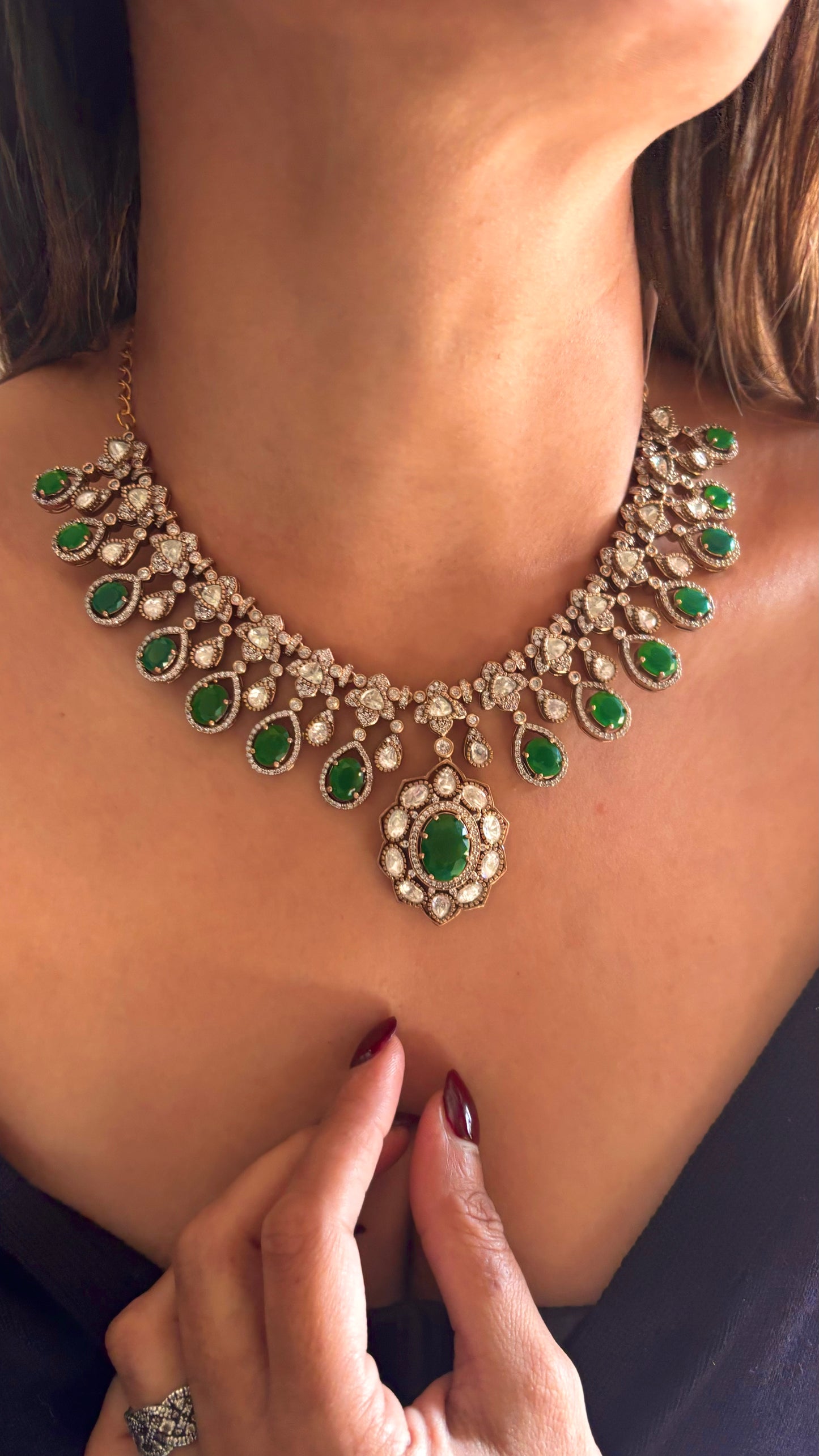 Emerald moissanite polki victorian designer collar necklace set