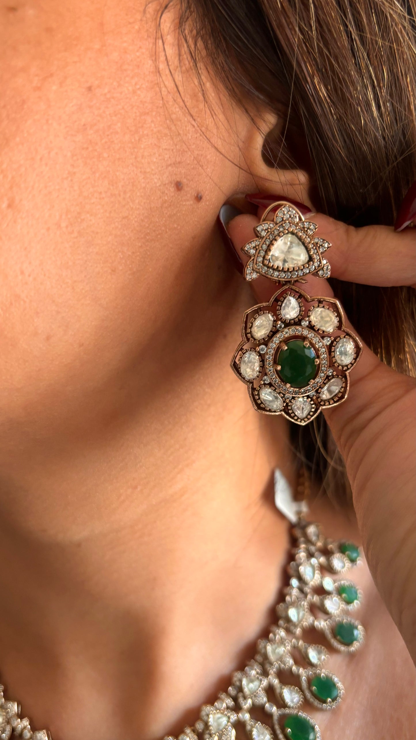 Emerald moissanite polki victorian designer collar necklace set