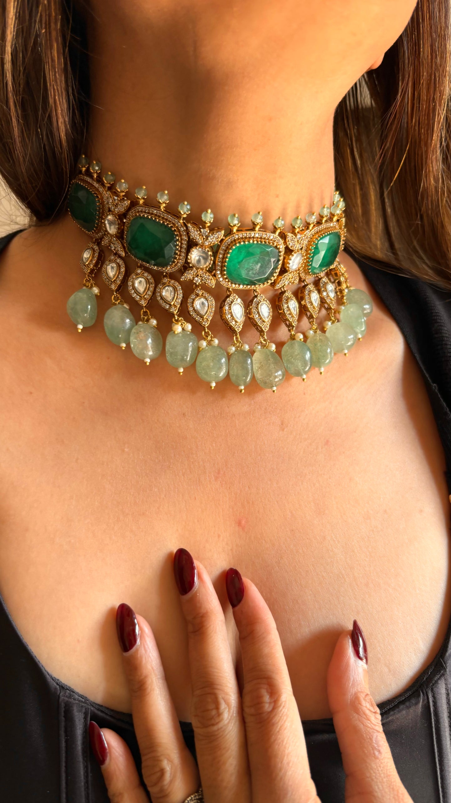 Emerald & mint victorian Moissanite choker