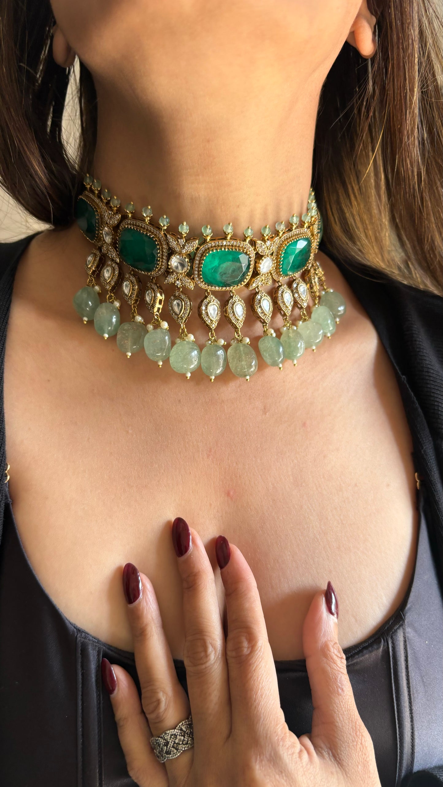Emerald & mint victorian Moissanite choker