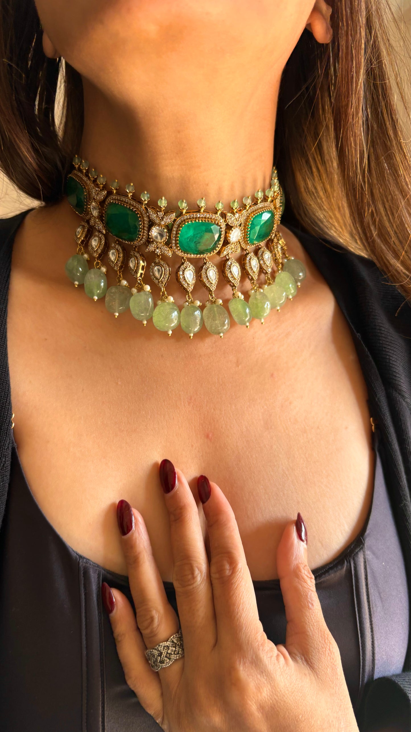 Emerald & mint victorian Moissanite choker