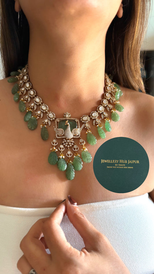 Mint peacock with feather inlay moissanite collar necklace