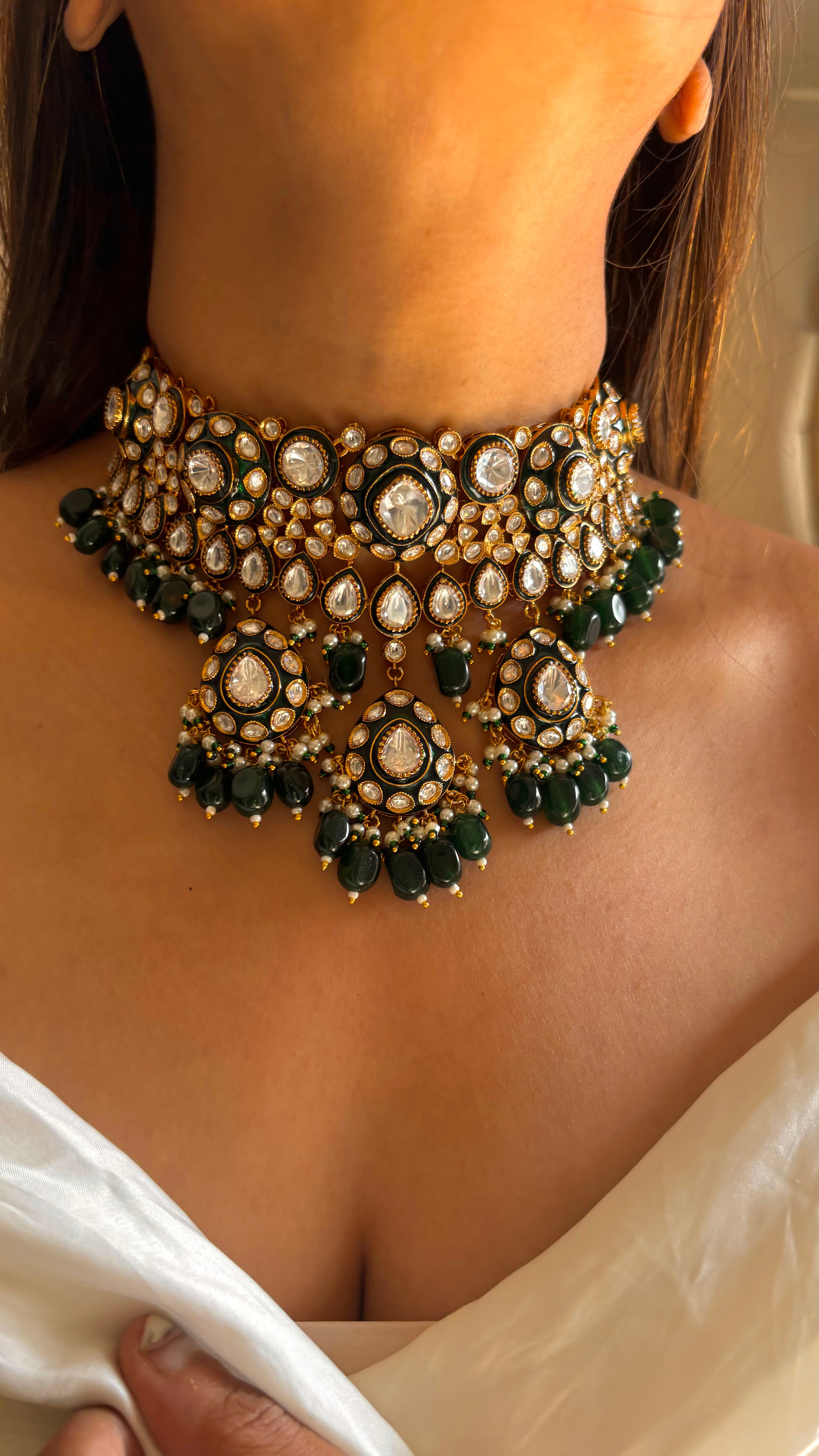 Emerald meenakari polki choker