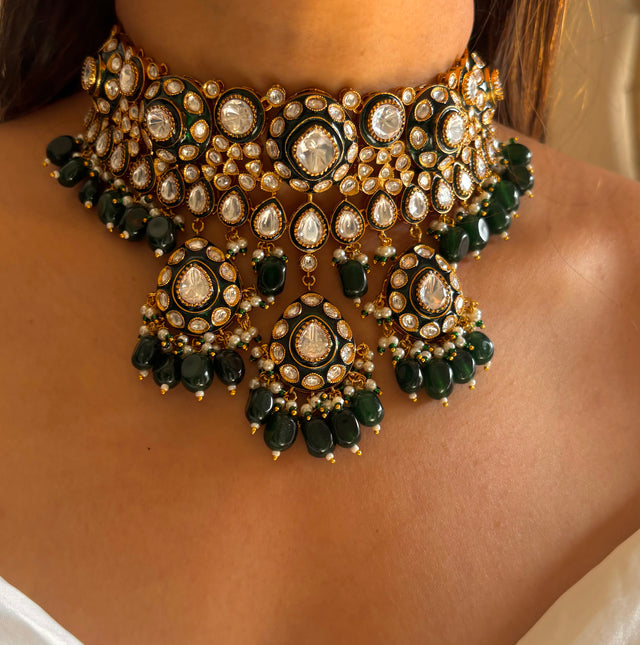 Emerald meenakari polki choker