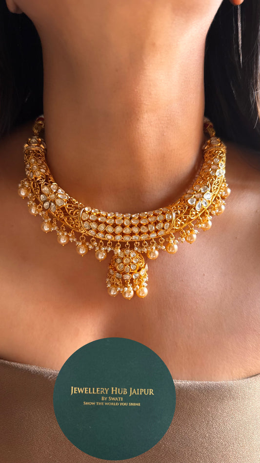 Peeli polki moissanite gold Hasli with pearl detailing