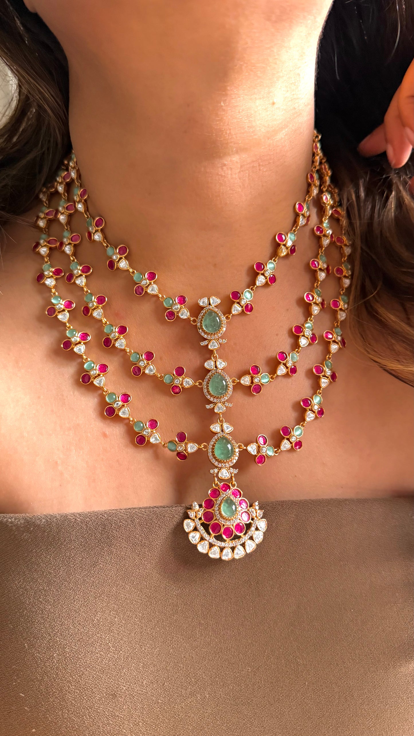 Triple layer mint and Rani pink Amrapali necklace
