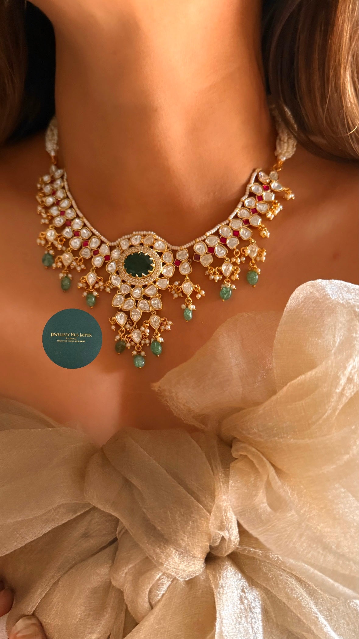 Emerald doublet real moissanite with mint drop collar set
