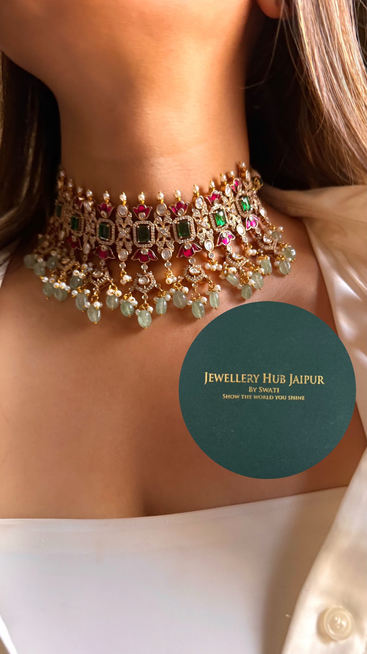 Mint & rani pink moissanite mint drop choker