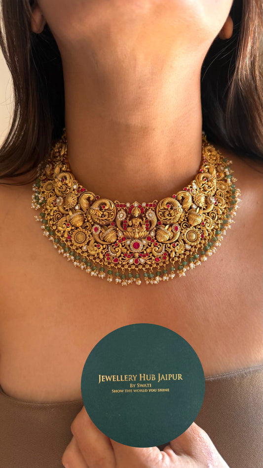 Rani pink ruby with mint goddess Laxmi collar necklace
