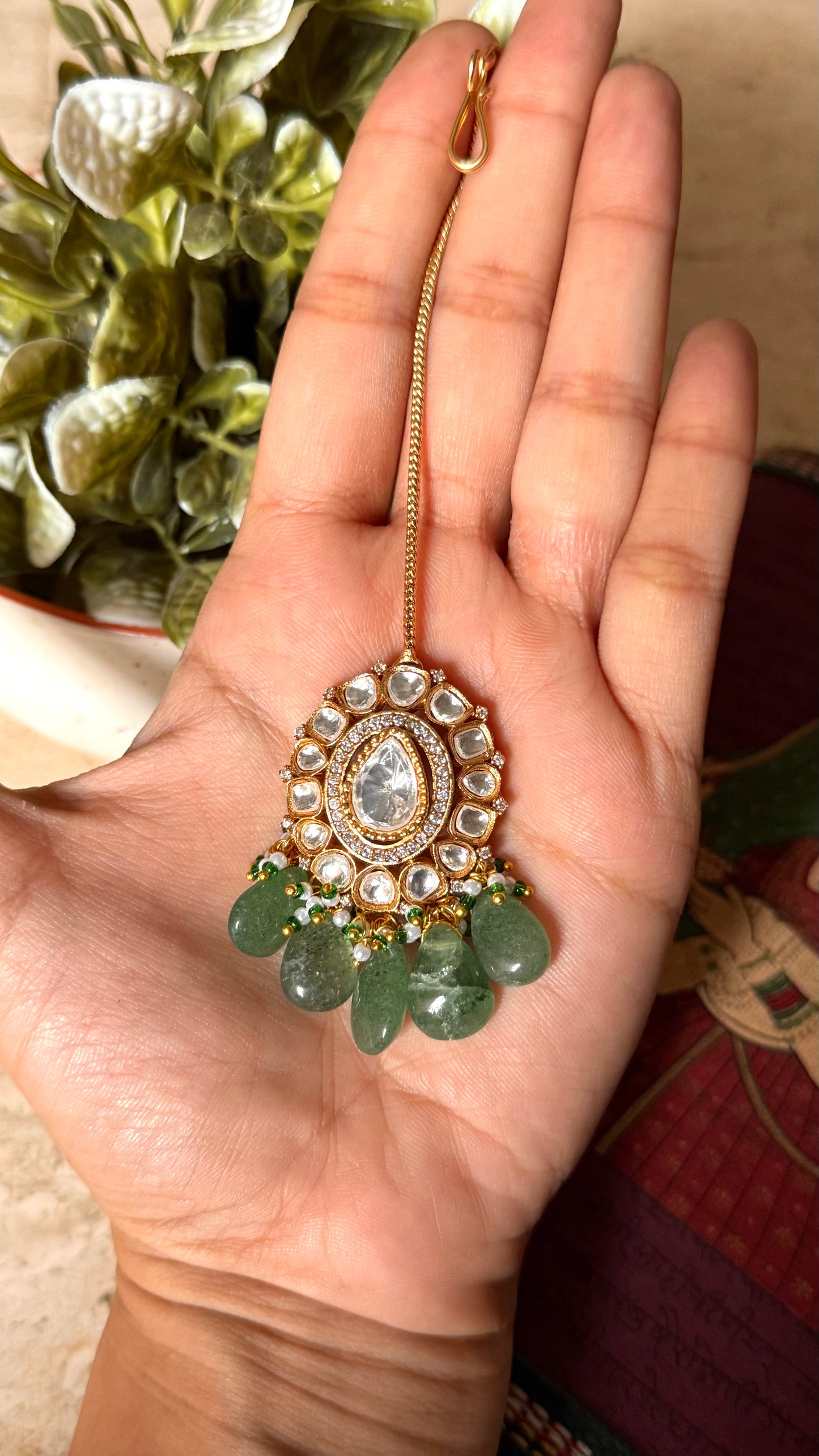 Moissanite polki with mint drop maangtika