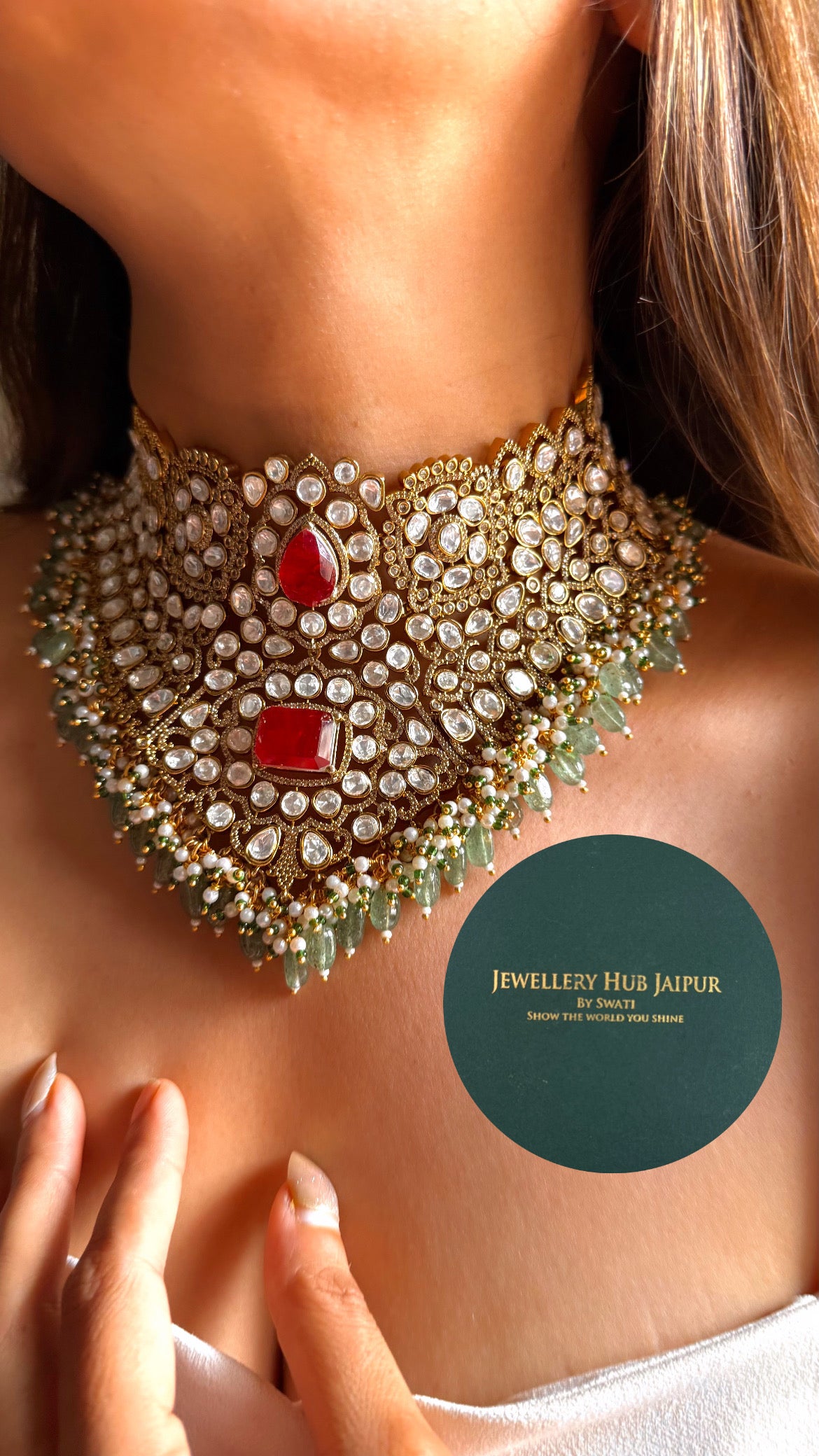 Bhagyashree Ruby doublet & moissanite polki with mint drop choker set