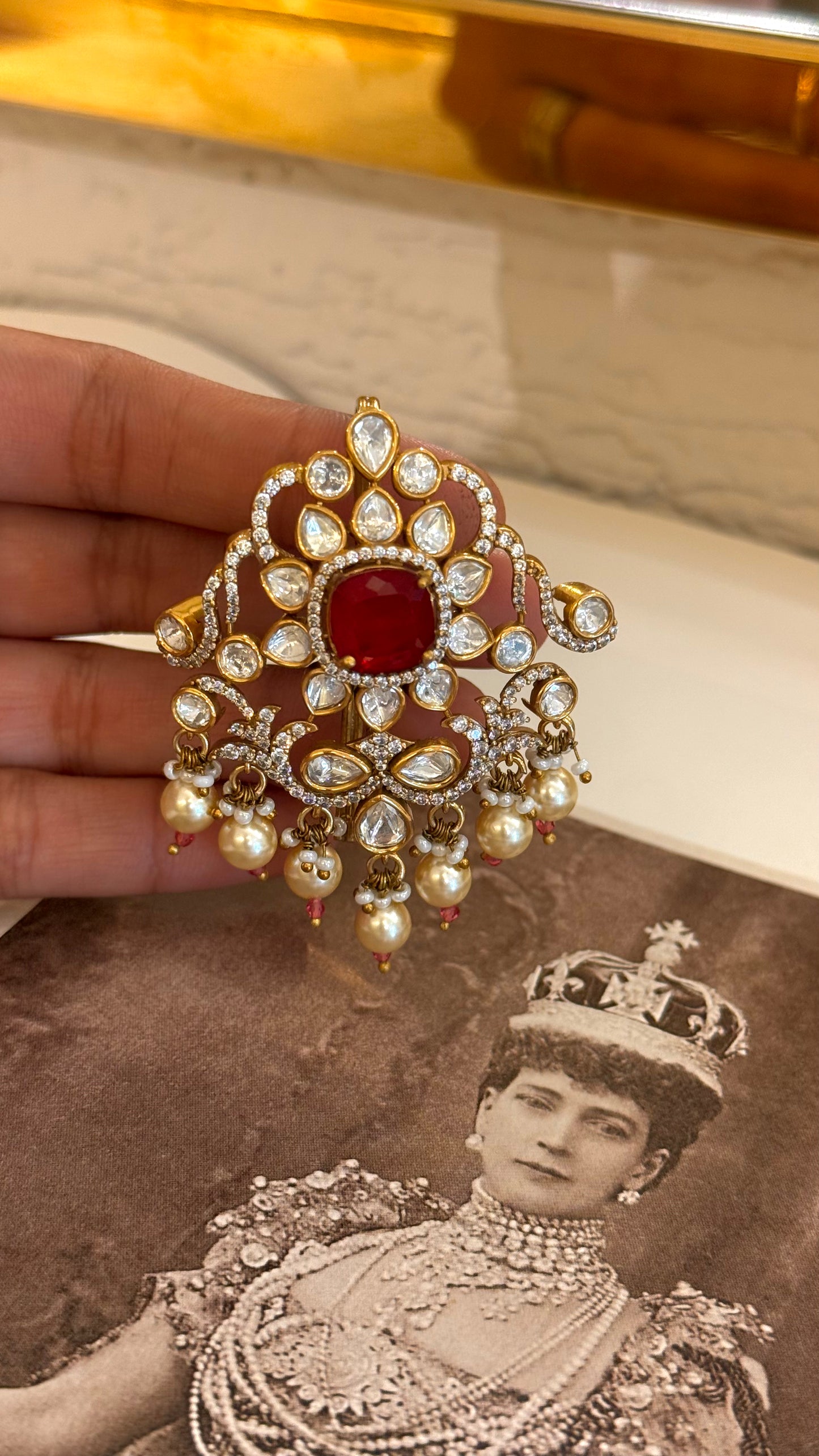 Ruby moissanite pokli kalgi with pearl detailing
