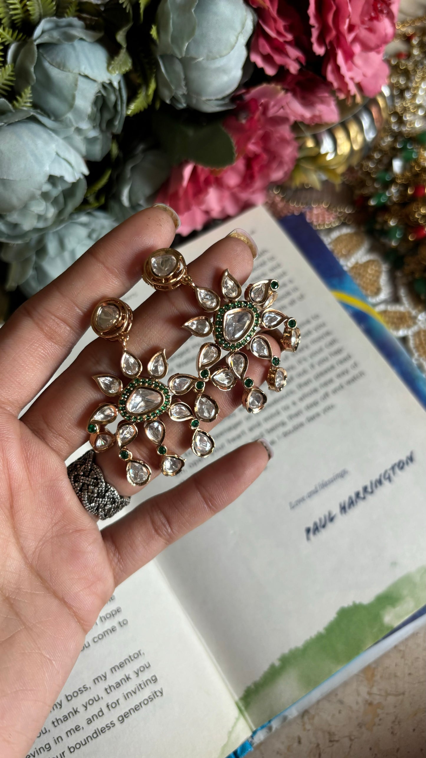 Moissanite Polki emerald collar necklace with earrings