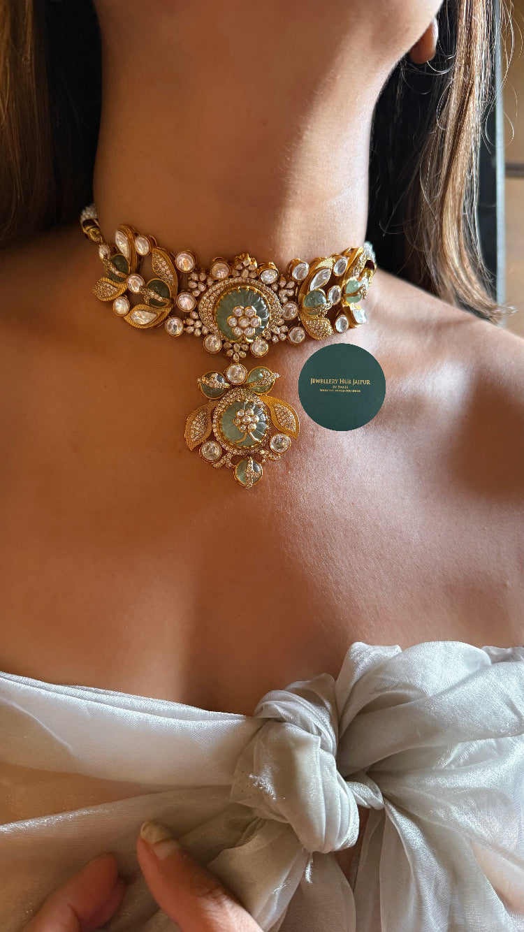 Mint doublet inlay floral & polki choker set