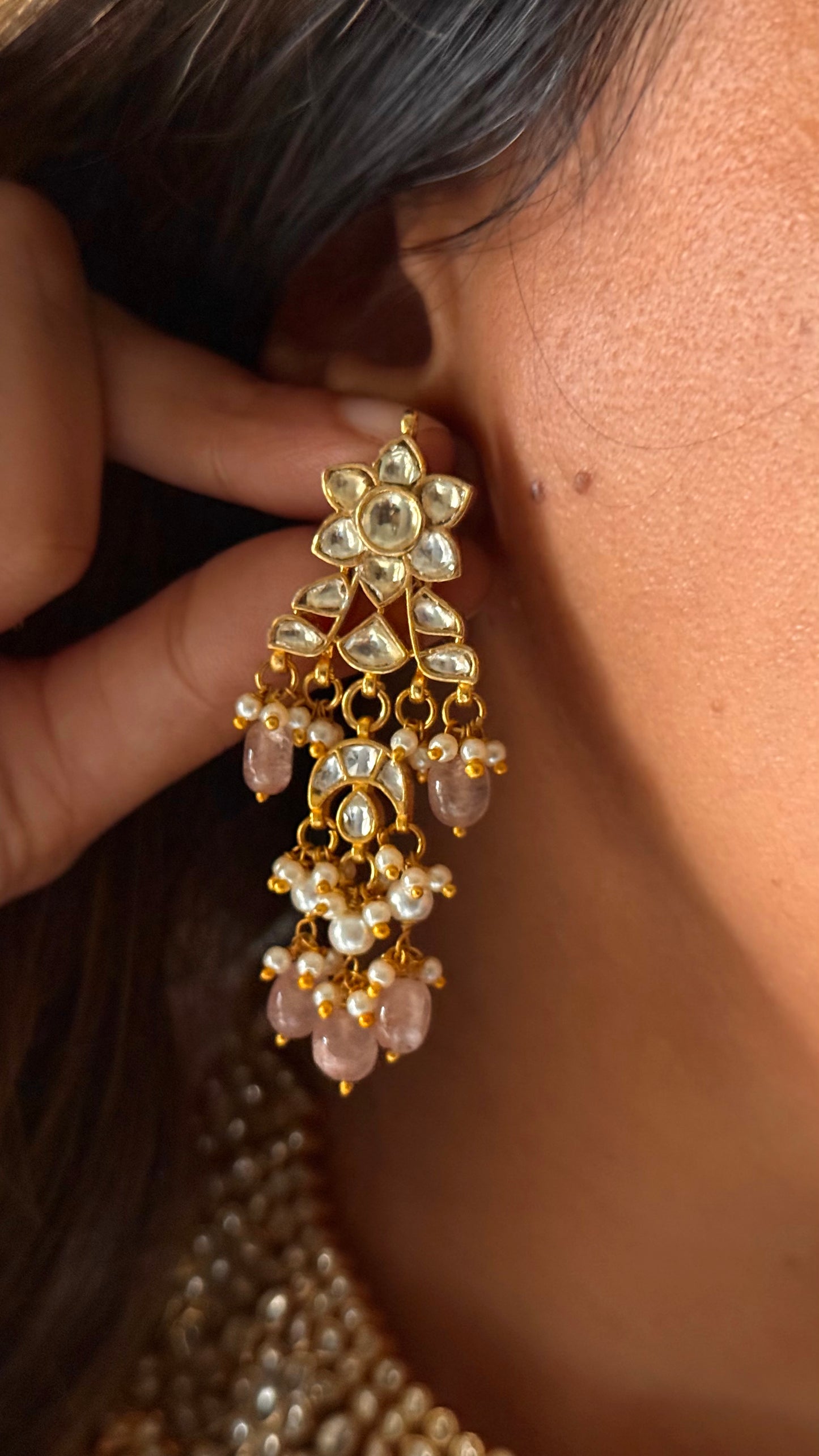 Pachi kundan with rose quartz strawberry detailing Necklace