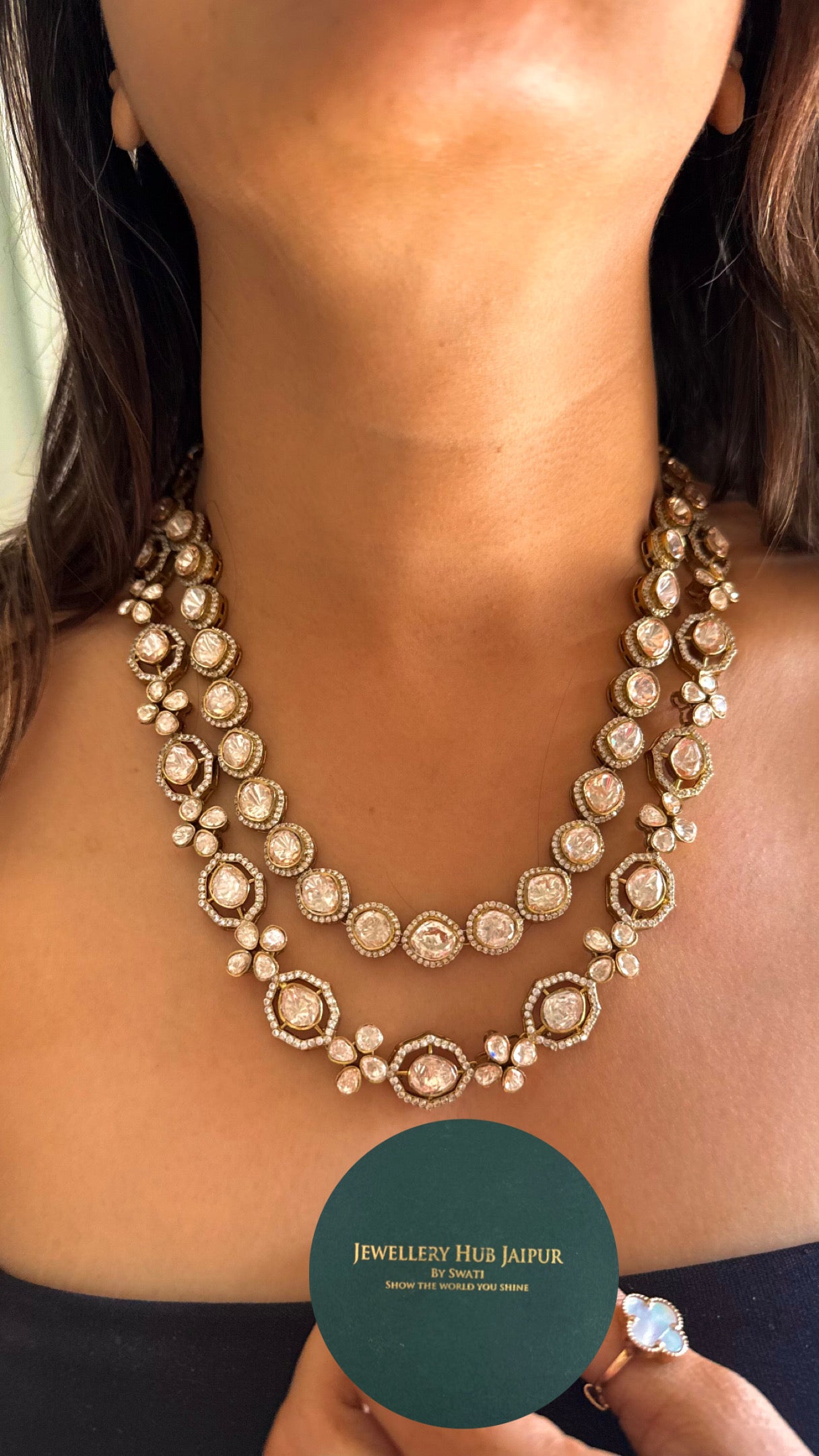 Dual line peeli polki moissanite necklace