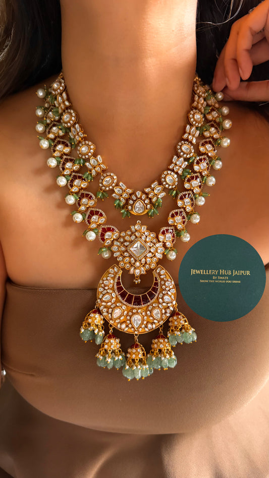 Ruby katdana & moissanite polki bridal dual layer with mint & pearl drop set