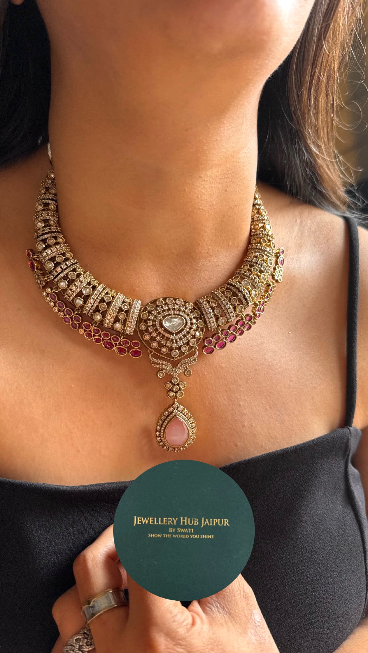 Rani pink ruby with rose quartz designer collar Necklace