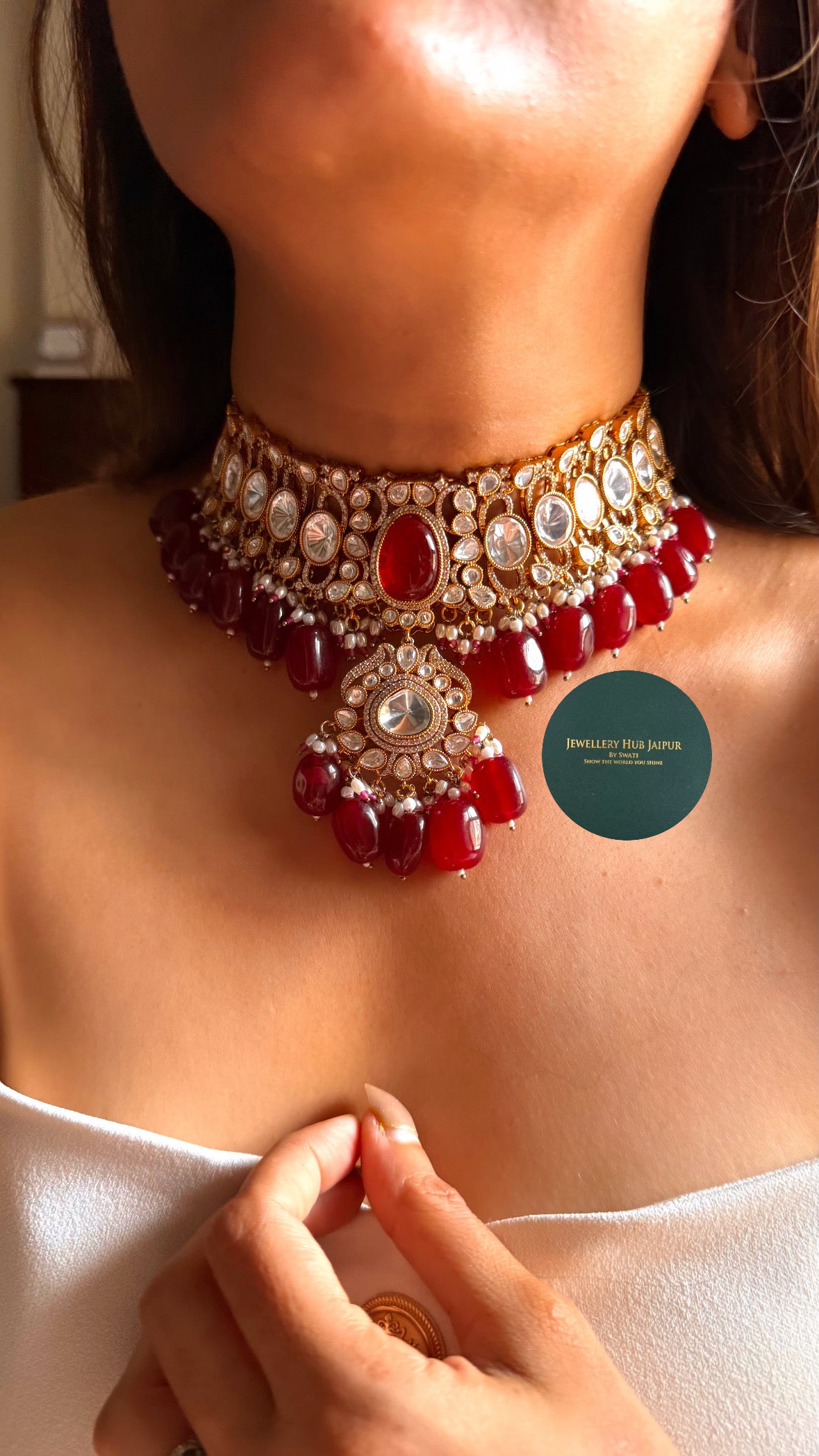 Ruby doublet polki with ruby drops choker set