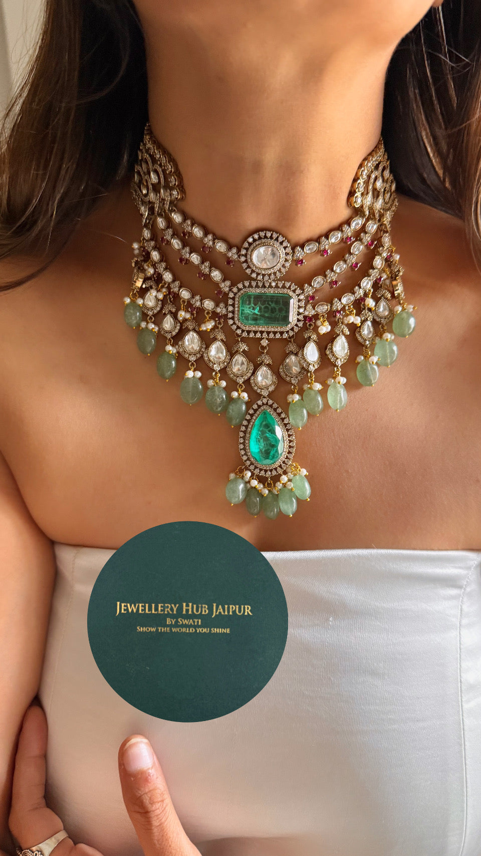 Mint doublet uncut polki triple line choker with mint drops