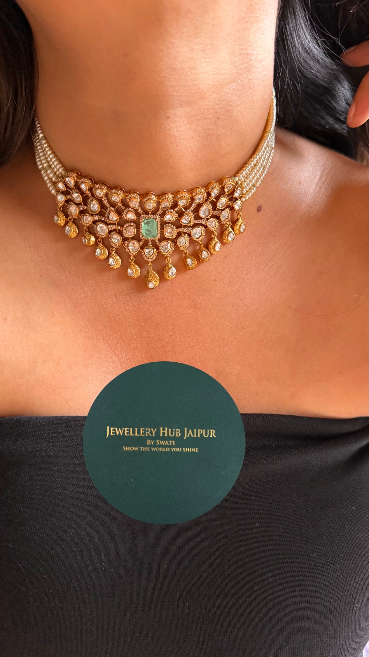 Mint doublet with moissanite polki gold polish Necklace