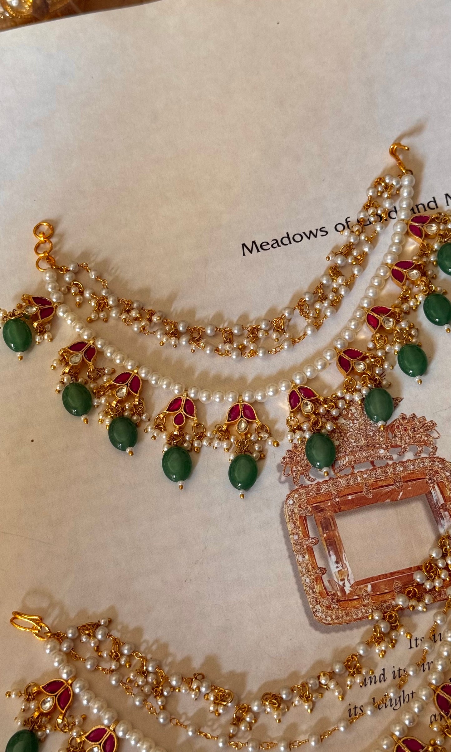 Floral paachi kundan handmade layerd kaanchain