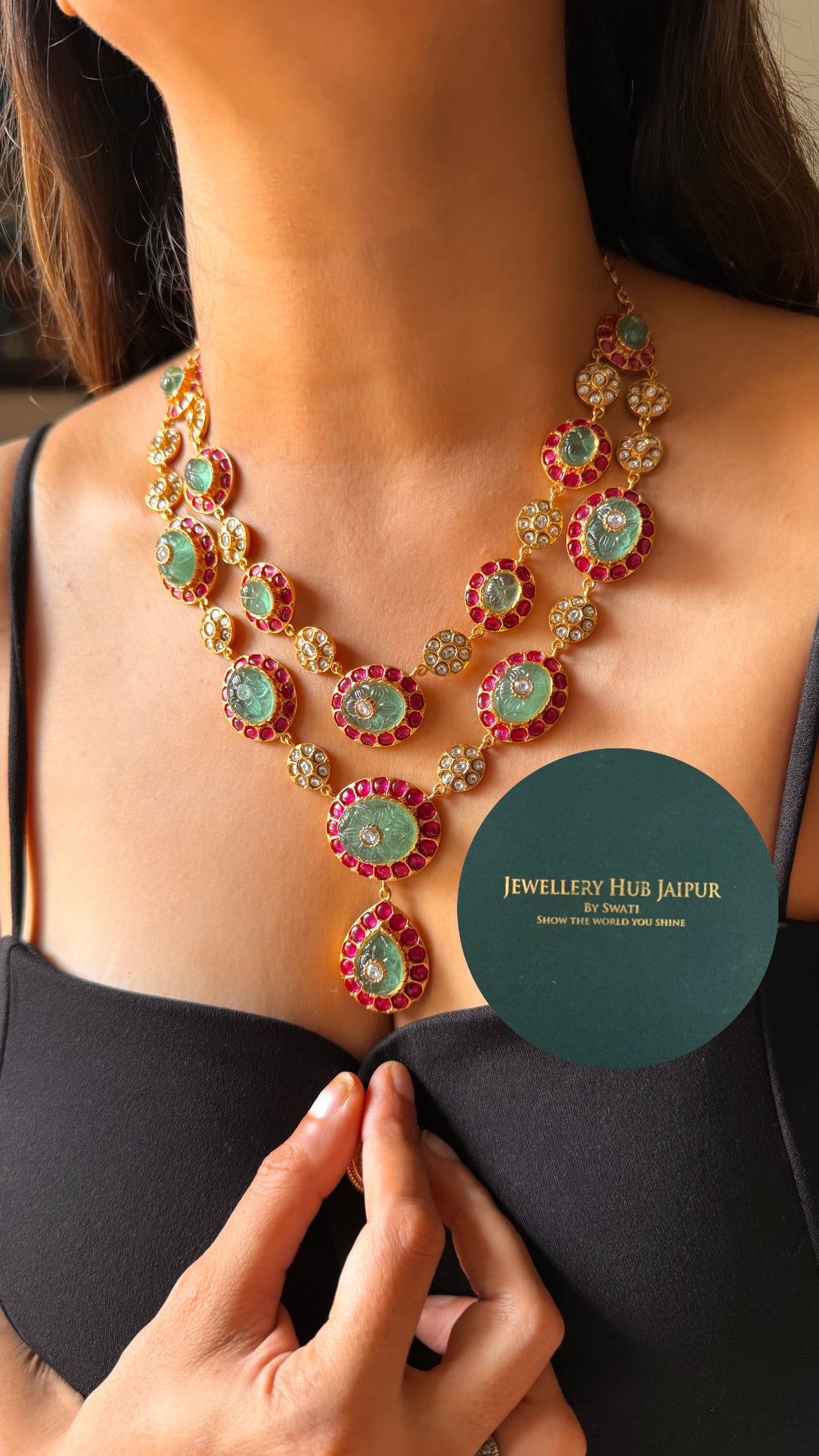 Amrapali inspired Natural stone Mint & rani pink dual layer collar set