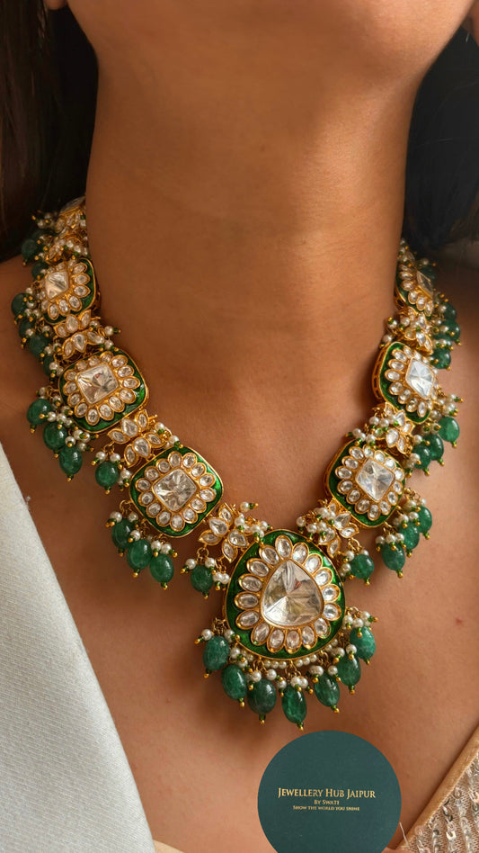 Emerald kundan meenakari necklace