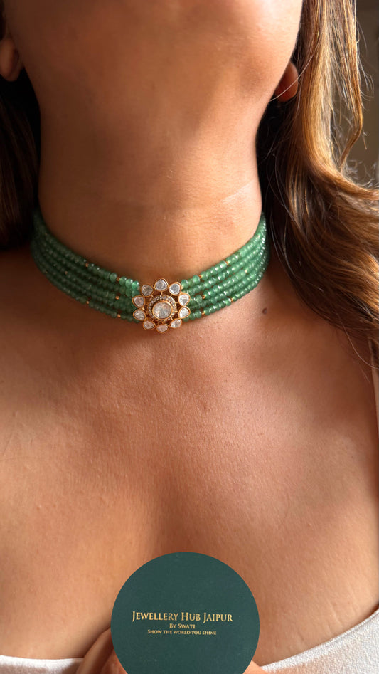 Real Moissanite floral polki mint pearl detailing choker necklace