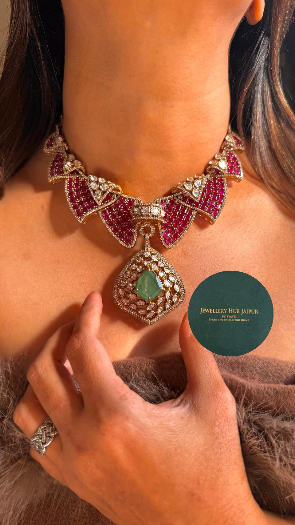 Designer Ruby & mint collar necklace