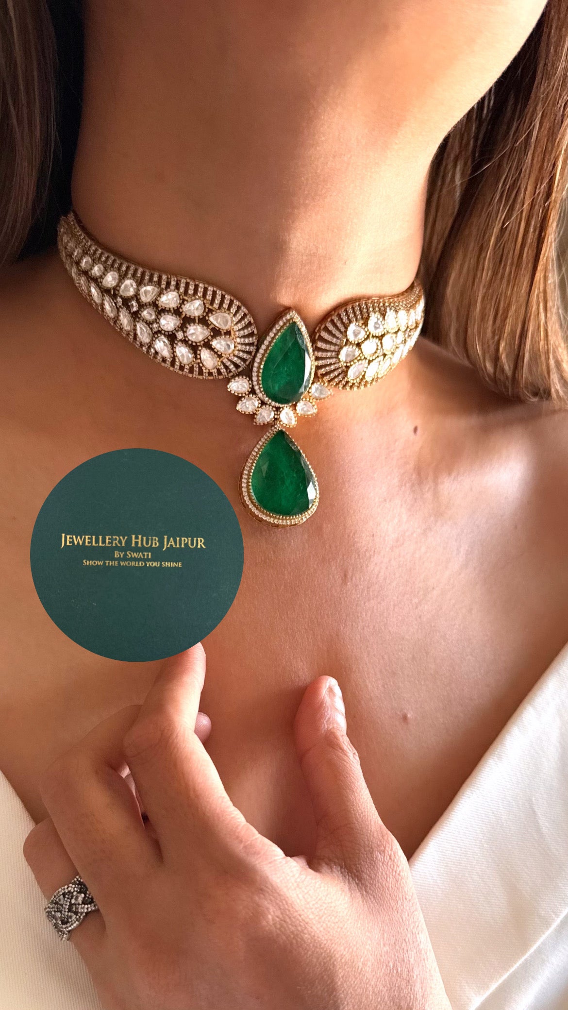 Pranika Emerald doublet Moissanite polki designer choker