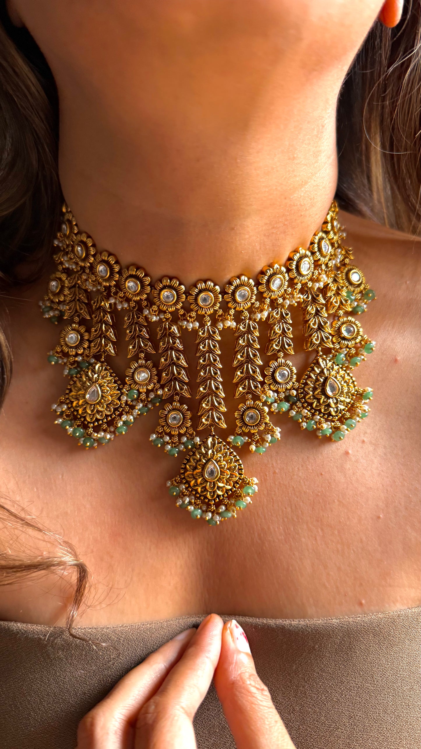 Floral waterfall oxidised Gold Choker with mint detailing