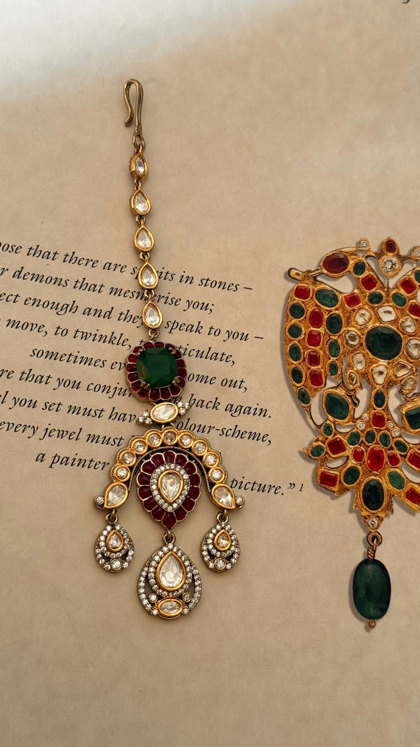 Emerald doublet & ruby floral moissanite maangtika