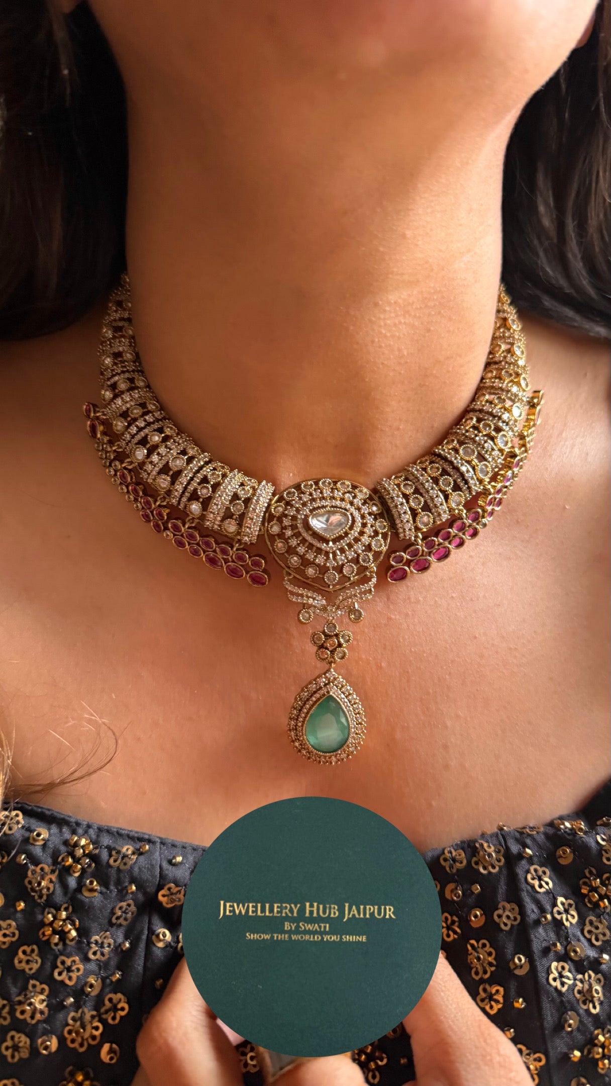 Rani pink ruby with mint designer collar necklace