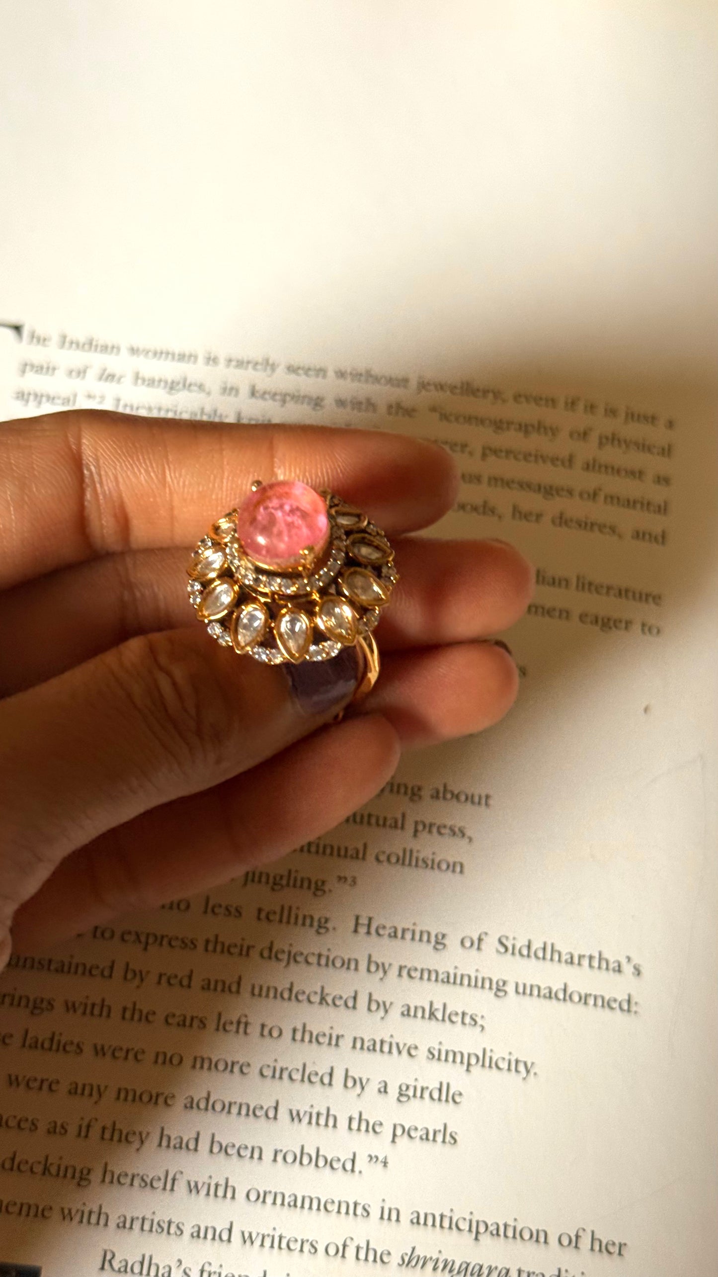 Rose quartz doublet moissanite floral adjustable ring