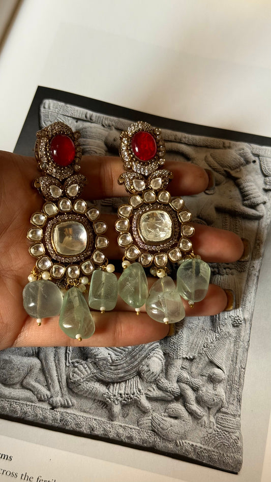 Ruby doublet & moissanite polki with mint beads earrings