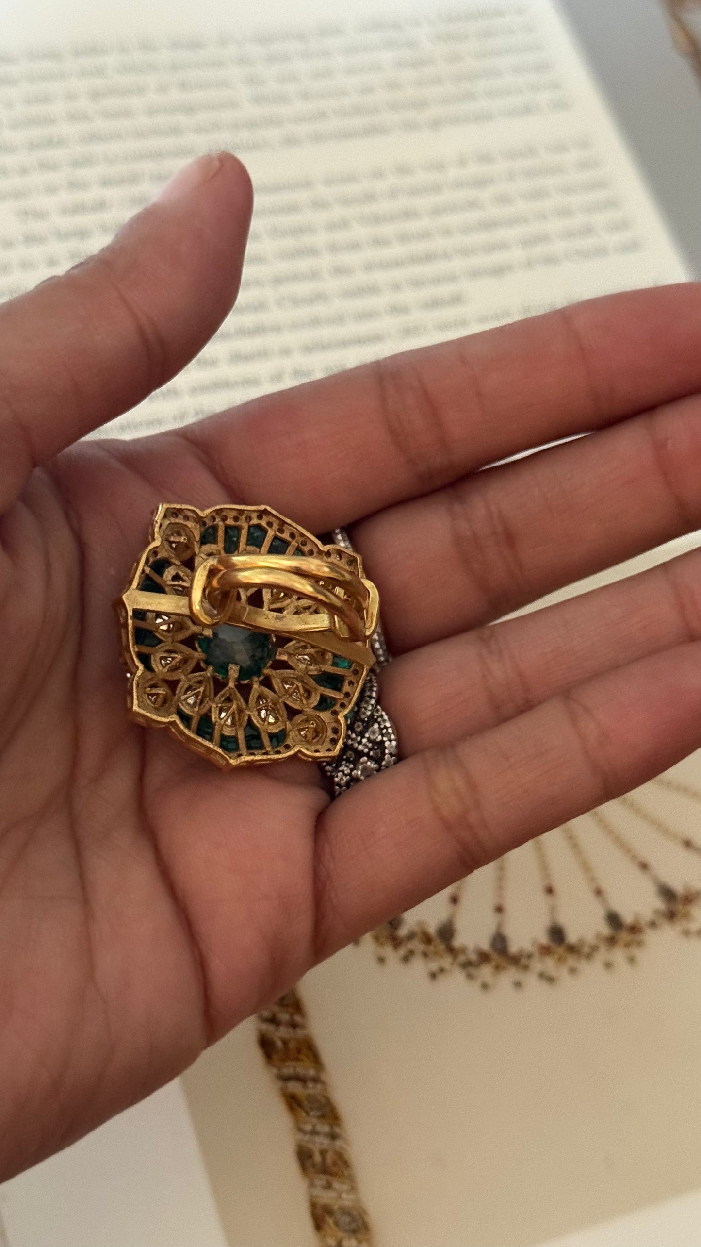 Emerald moissanite gold Victorian ring