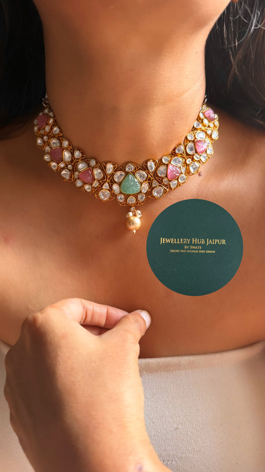 Mint & rose quartz doublet moissanite with pearl collar set