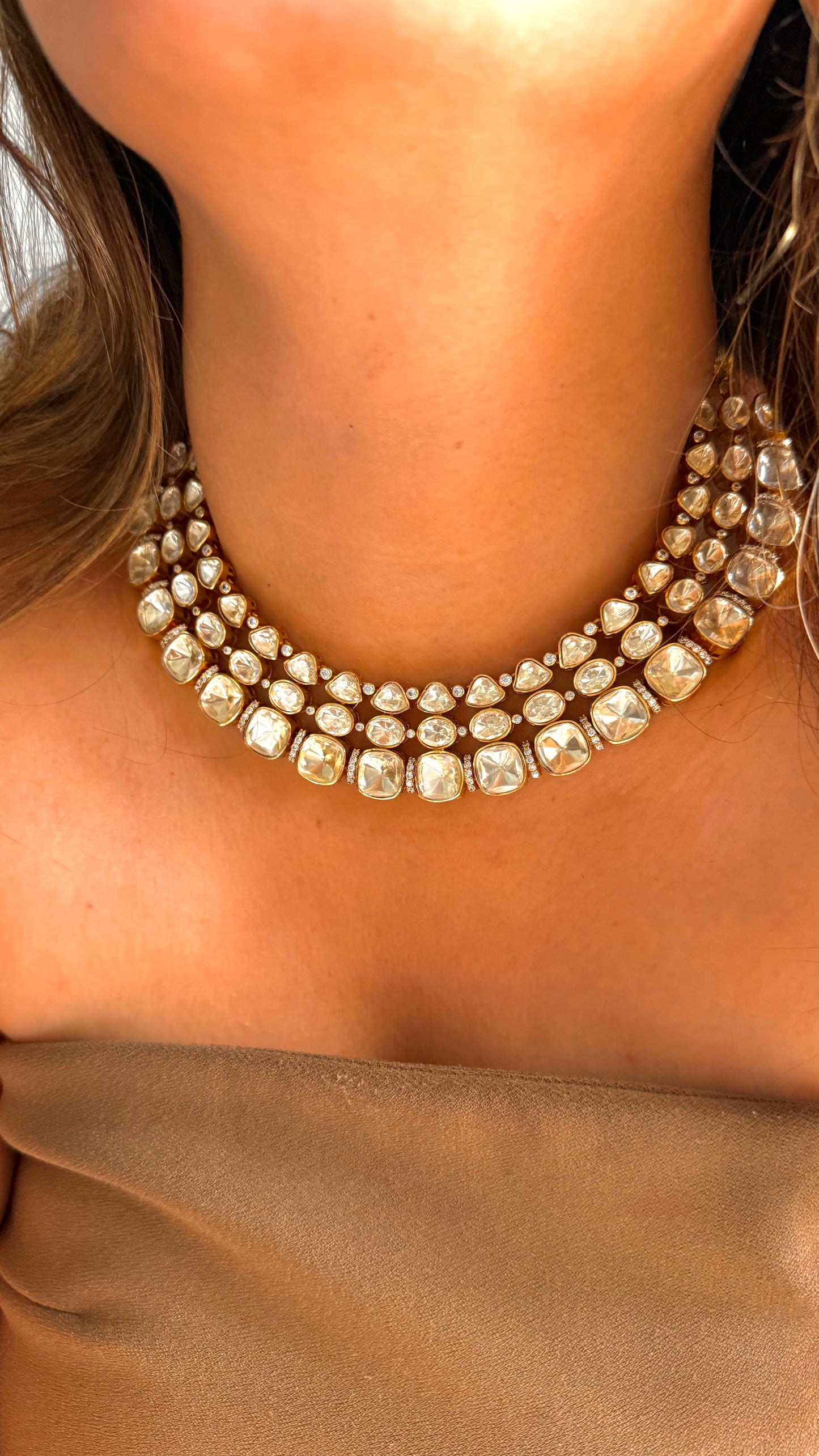 Real moissanite peeli polki triple line collar necklace