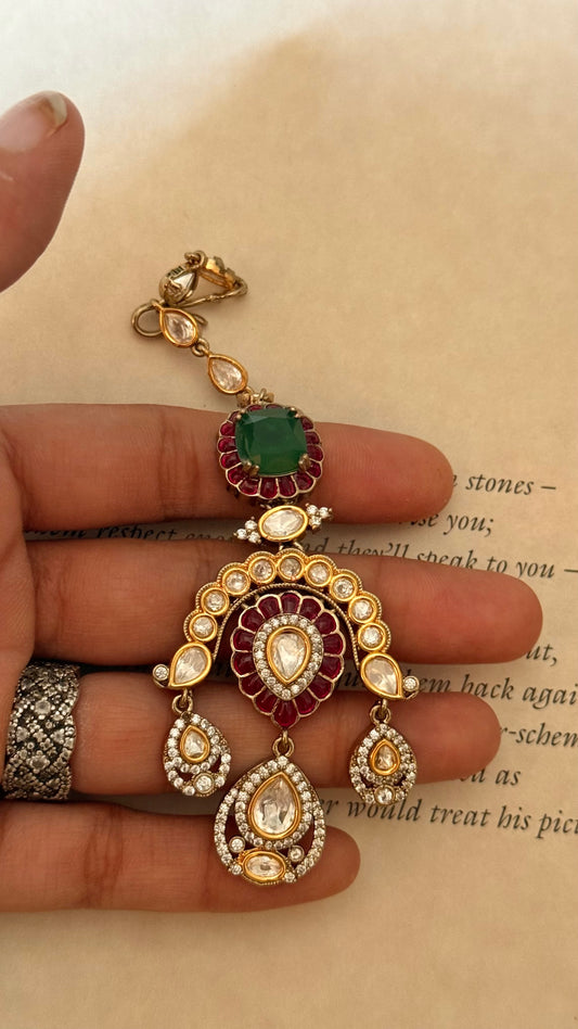 Emerald doublet & ruby floral moissanite maangtika