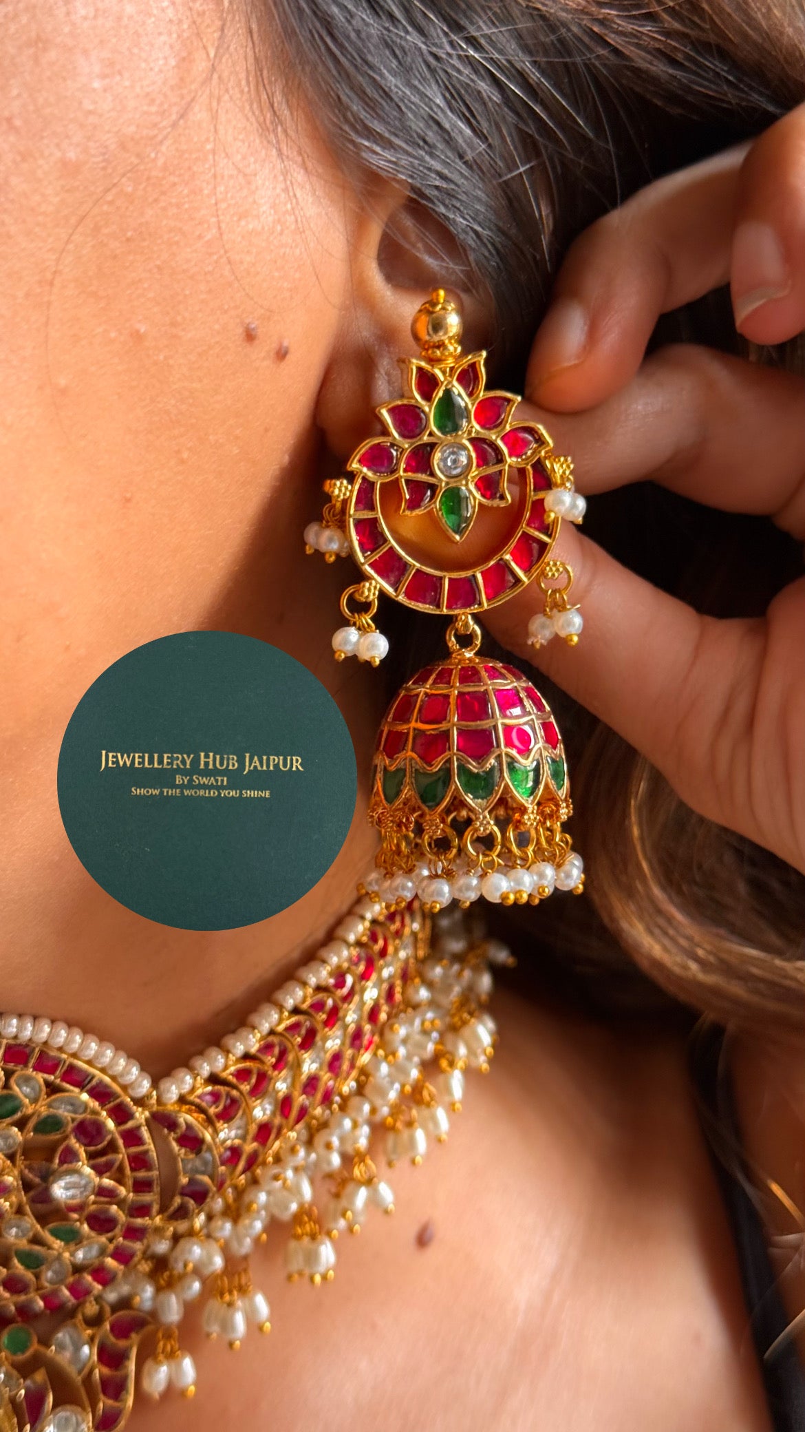 Real Kemp Rani pink & emerald paachi designer choker set