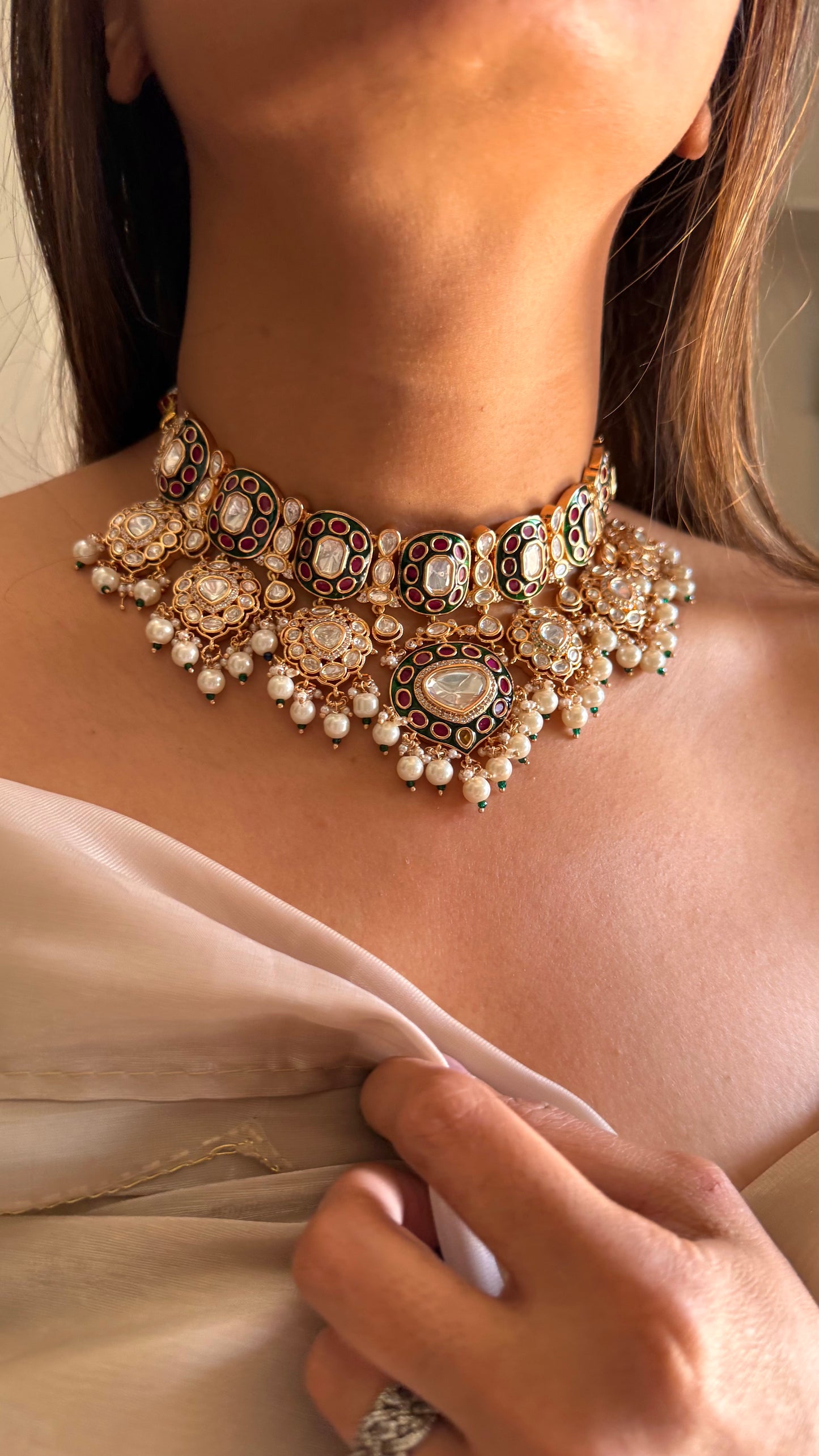 Megh Ruby & emerald moissanite polki choker necklace set with earrings