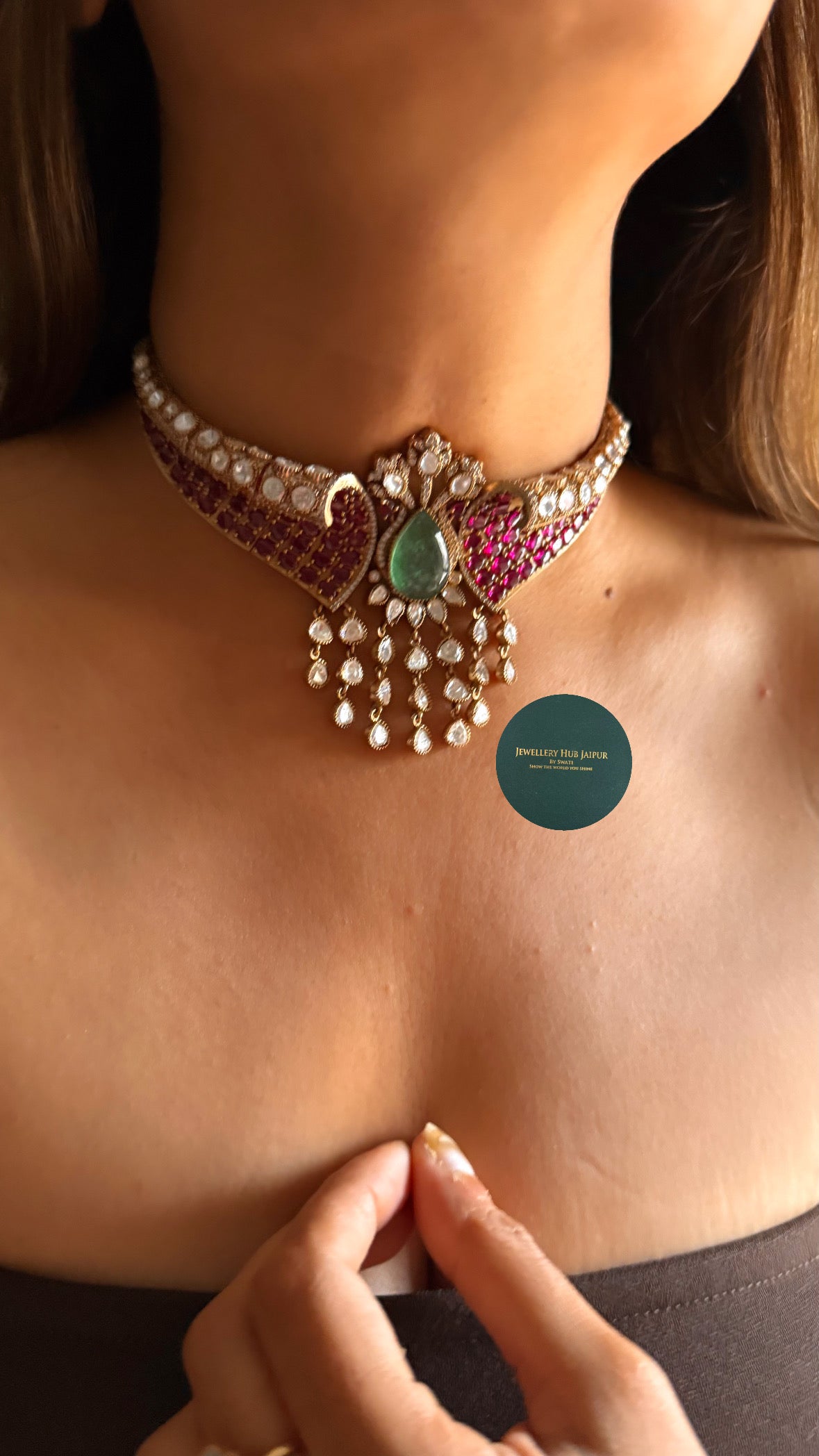 Mint doublet & rani pink moissanite polki designer choker set