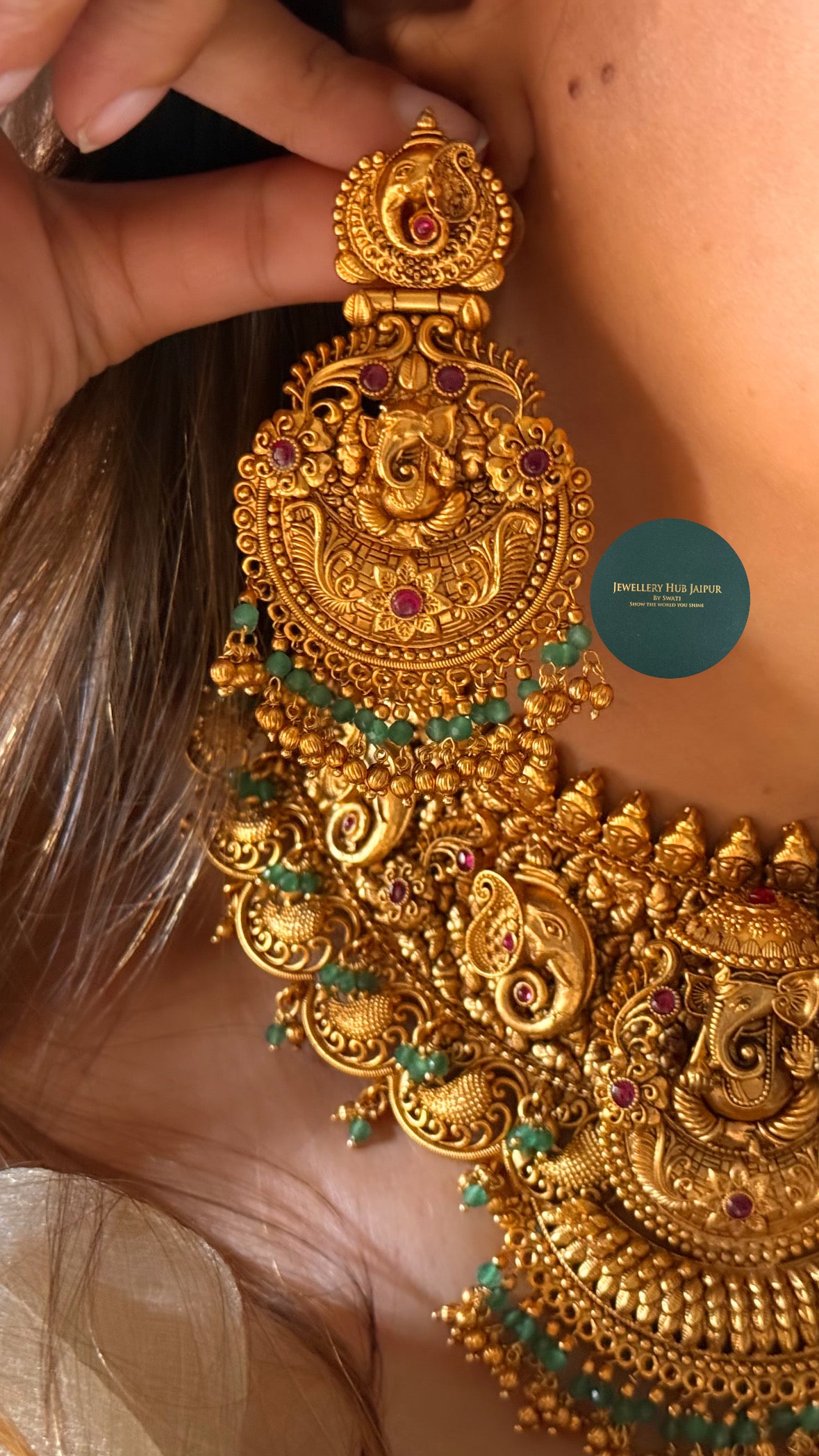 Lord ganesh and rani pink with mint drop choker set